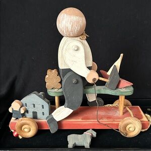 Antique Made In Germany Handcrafted Wooden Pull Toy - Natural, Red, Green IGC
